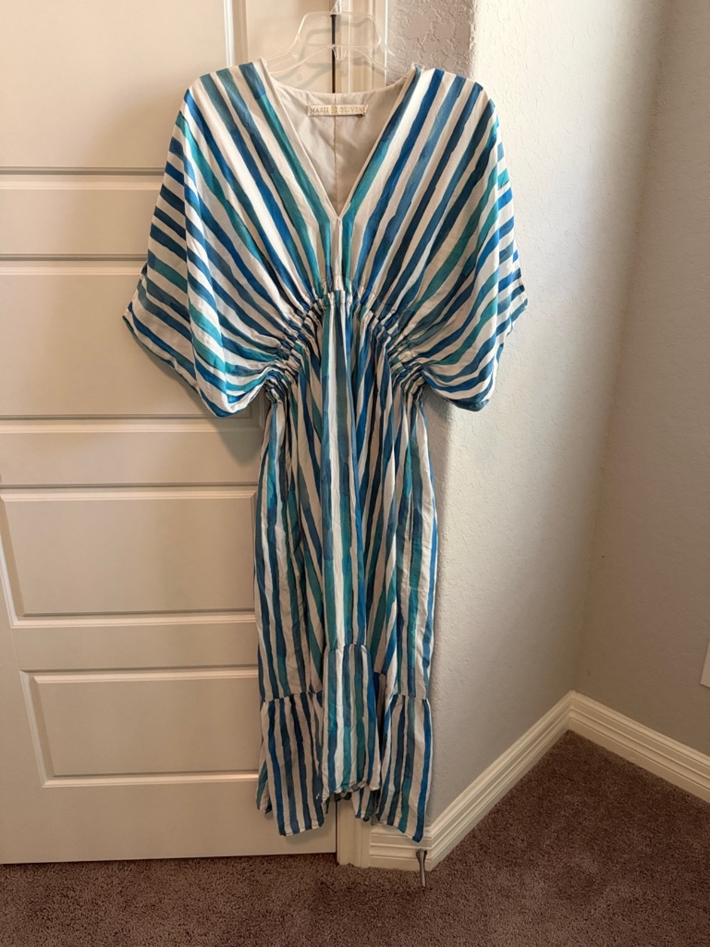 Marie Oliver Cream Satin Dress with Gold Logo Trim